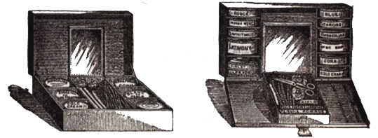 etching of two make-up boxes; one metal, one cloth