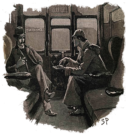 etching of two men in coats sitting on a train